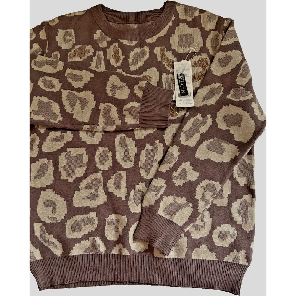 Womens L/XL Brown Animal Print Cashmere Blend Cozy Sweater Casual Pullover Comfy